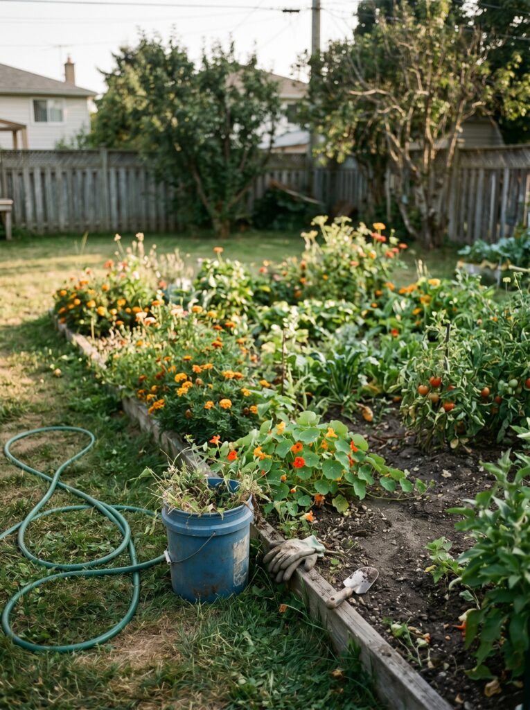 A realistic home garden bed showing a healthy mix of plants and natural garden tools.