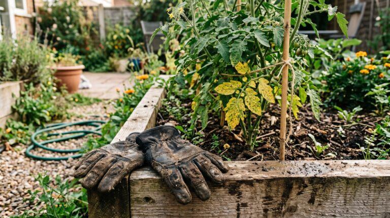 Muddy gardening gloves on a raised bed with a struggling tomato plant.