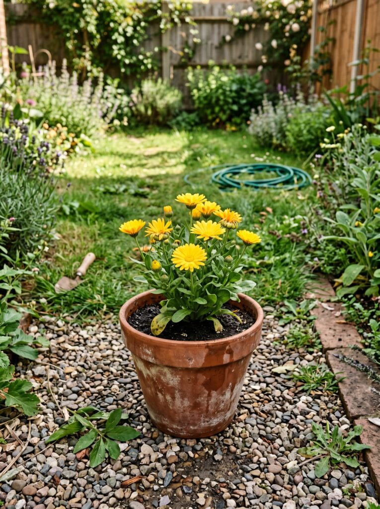 Yellow Calendula flowers growing in an aged terracotta pot on a backyard gravel walkway.
