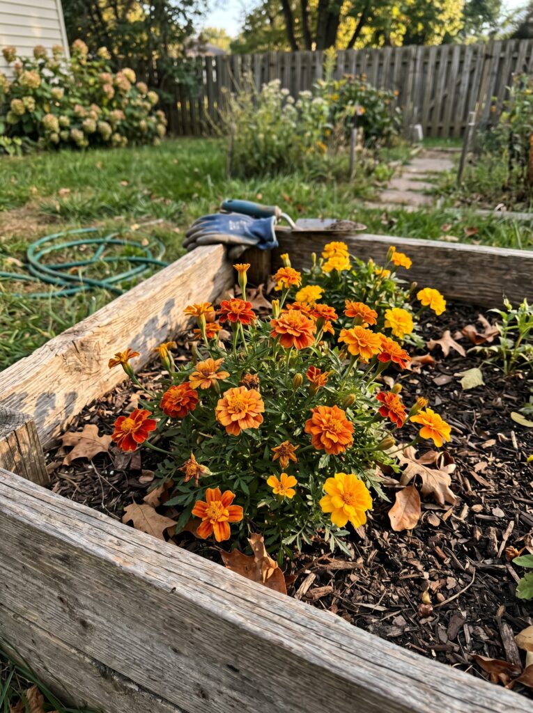 Orange French marigolds blooming in a wooden raised bed with dark mulch and autumn leaves.