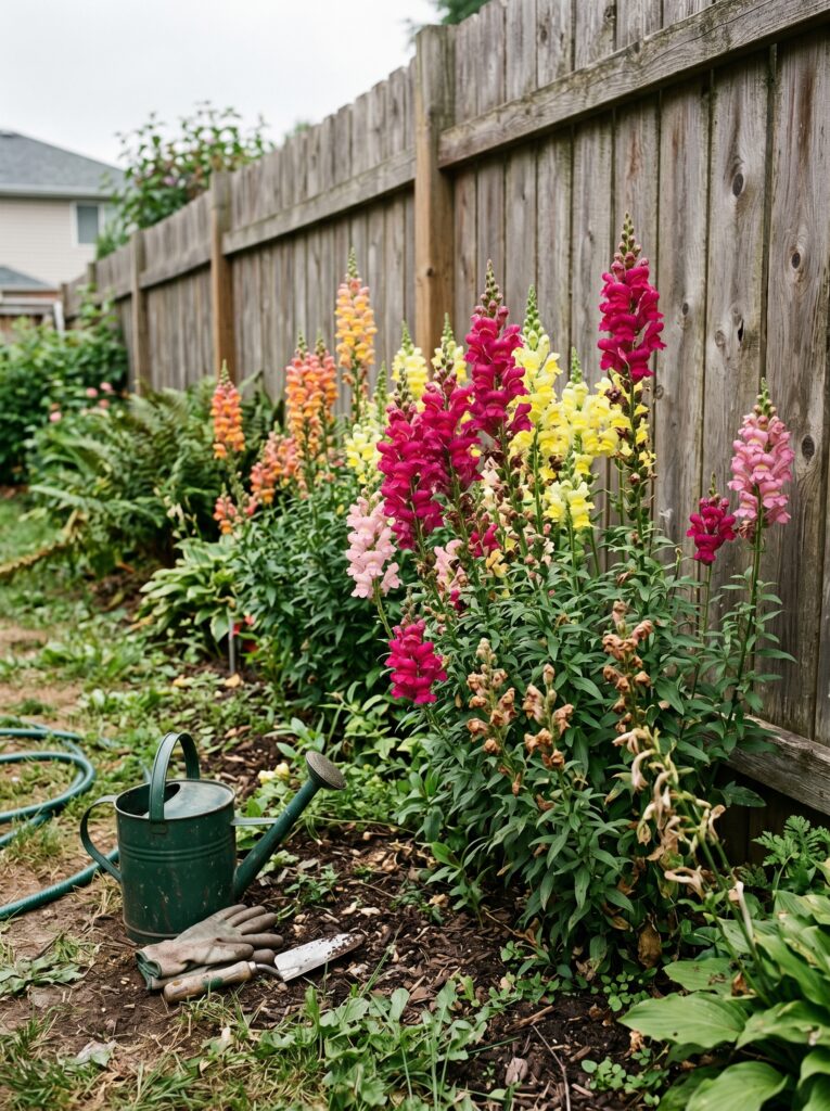 Tall pink and yellow snapdragons growing against a rustic wooden garden fence in autumn.
