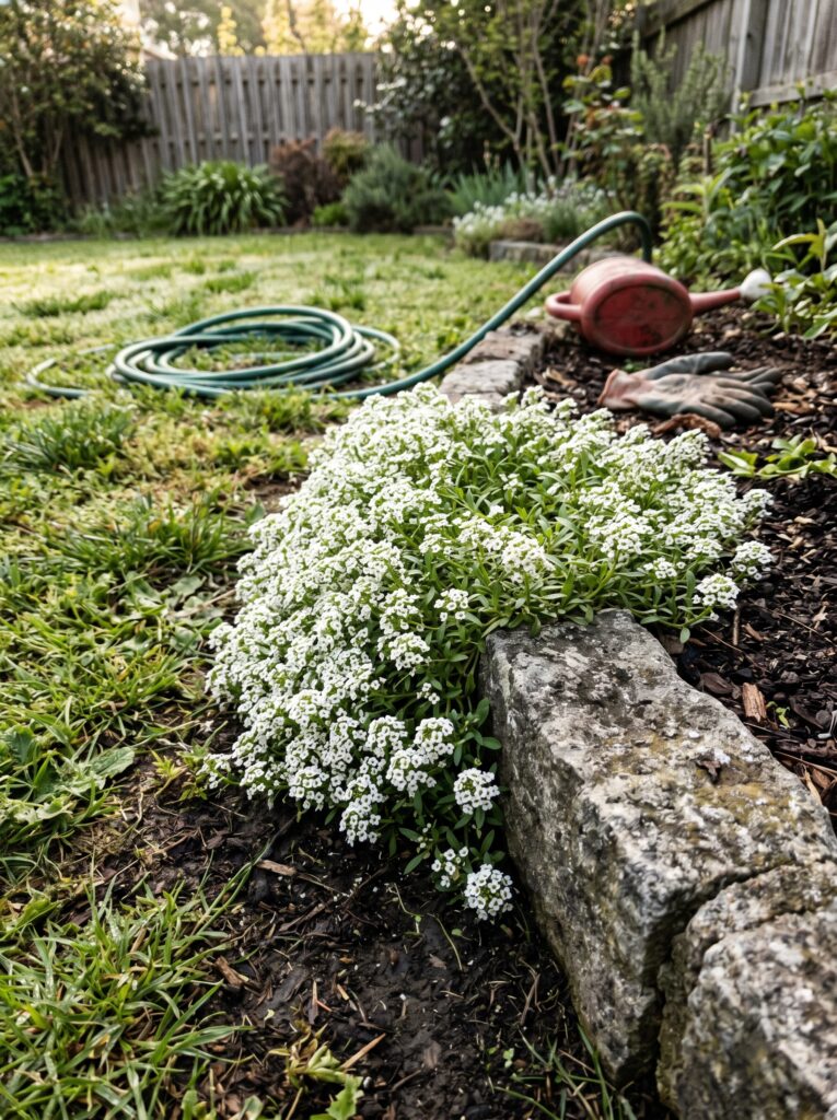 Dense white sweet alyssum flowers spilling over a stone garden edge in a suburban backyard.