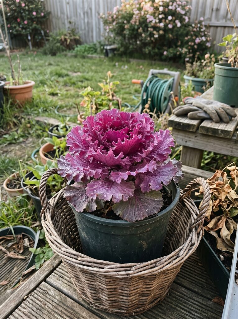 Purple and magenta ornamental cabbage with dew on leaves in a wicker basket planter.