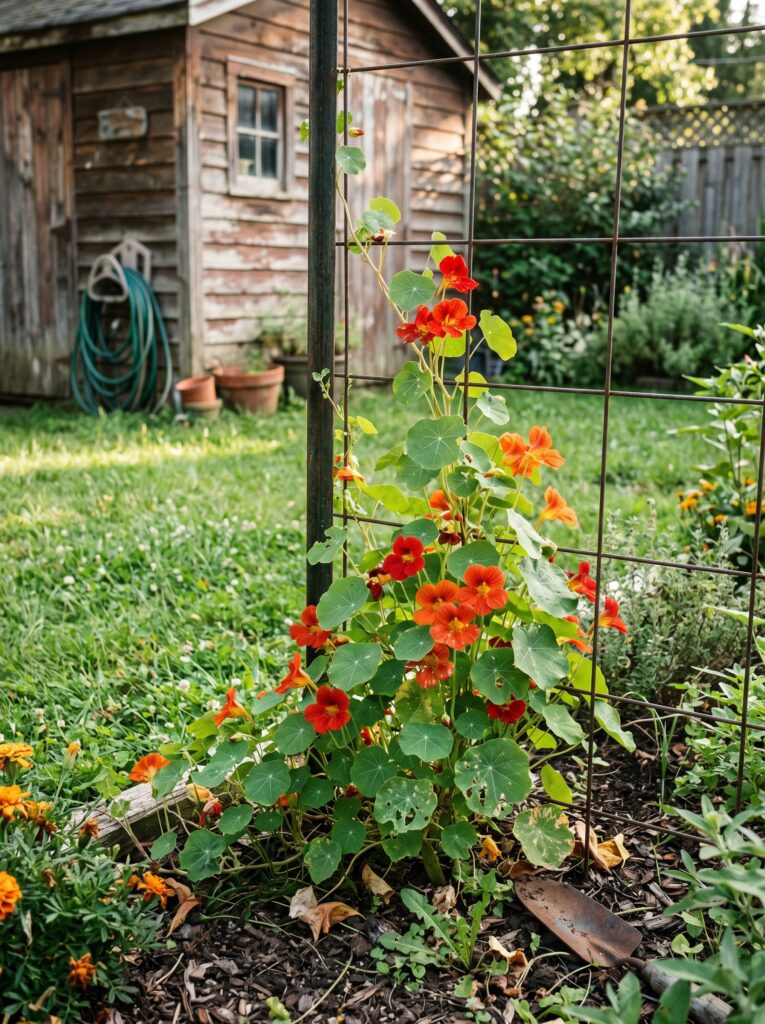 Red and orange nasturtium flowers climbing a metal trellis in a residential garden.
