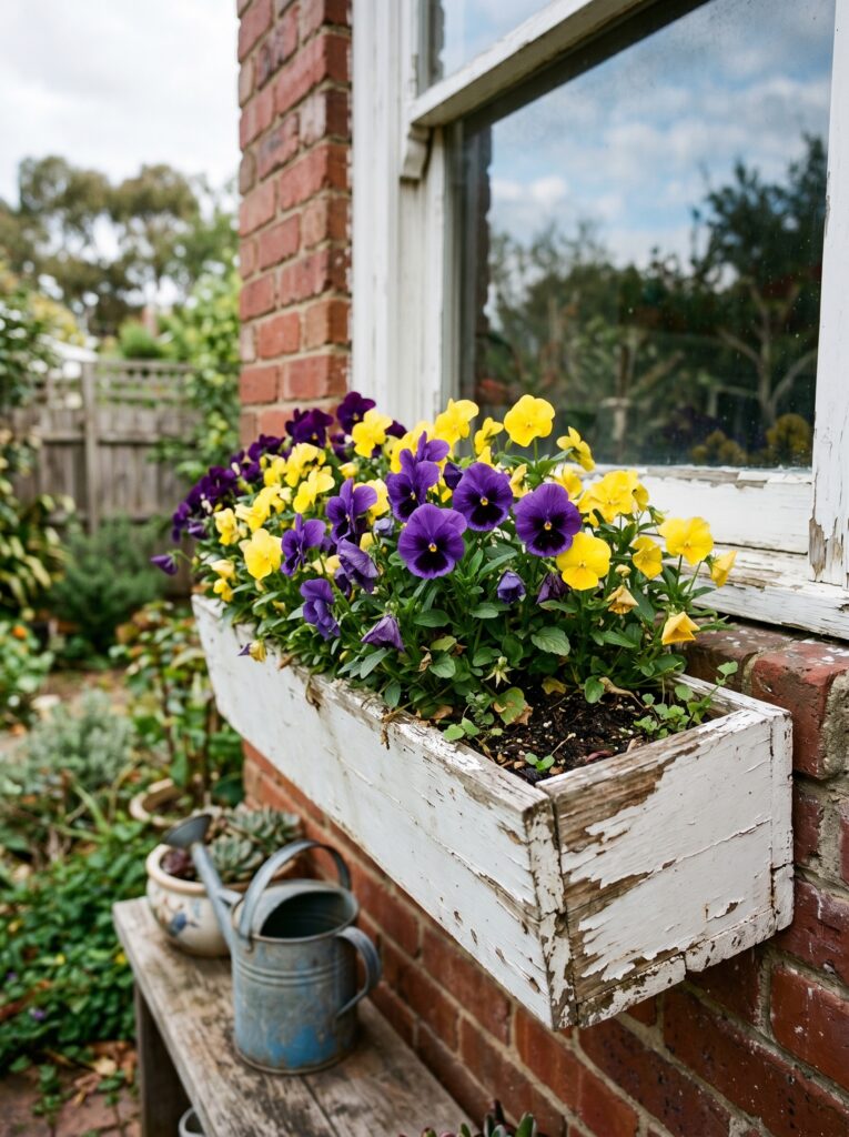 Purple and yellow pansies in a white wooden window box with natural wear.