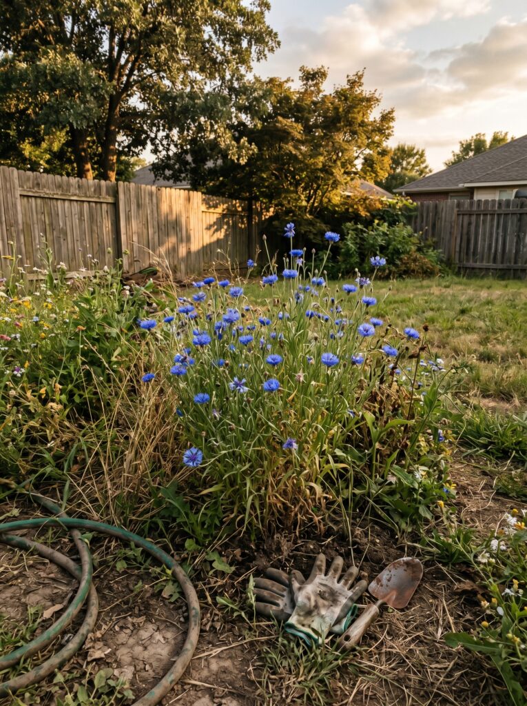 Bright blue cornflowers blooming in a naturalized backyard garden during autumn sunset.