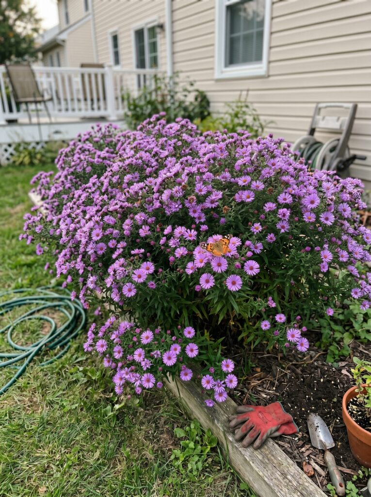 Large purple aster bush blooming in a suburban backyard with a butterfly.