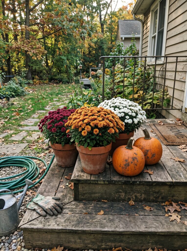 Burgundy and orange garden mums on wooden porch steps with autumn pumpkins.