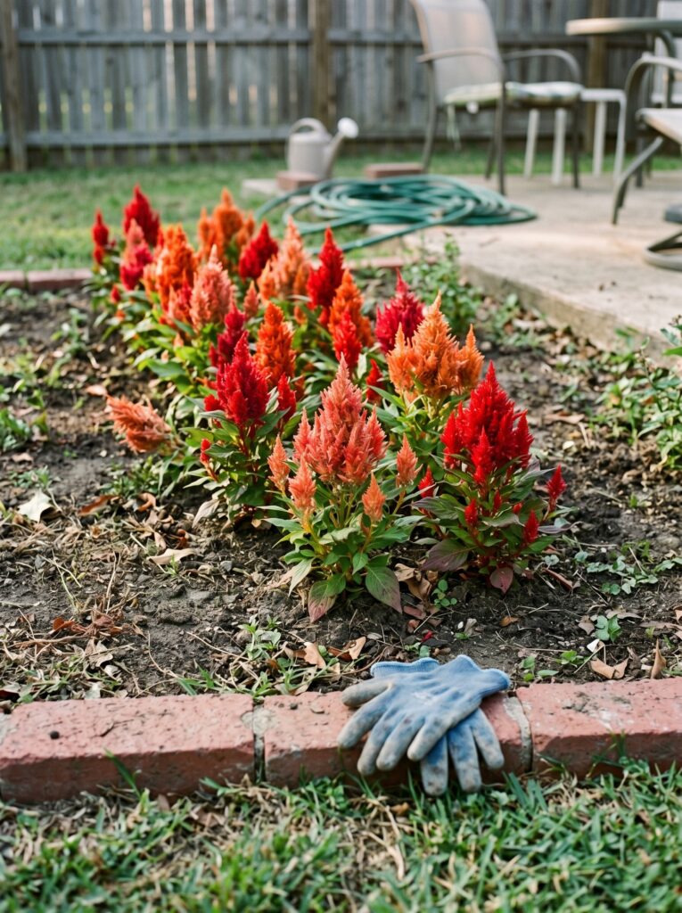 Red and orange plumed Celosia flowers growing along a brick garden border.