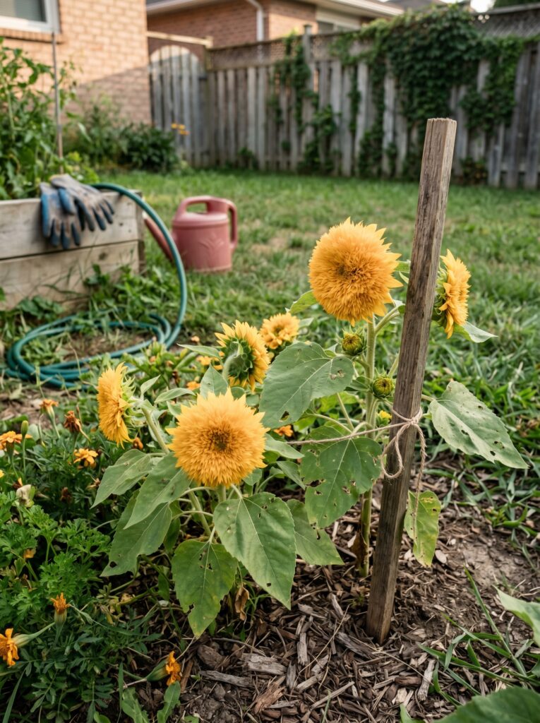 Dwarf "Teddy Bear" sunflowers blooming in a backyard garden patch.