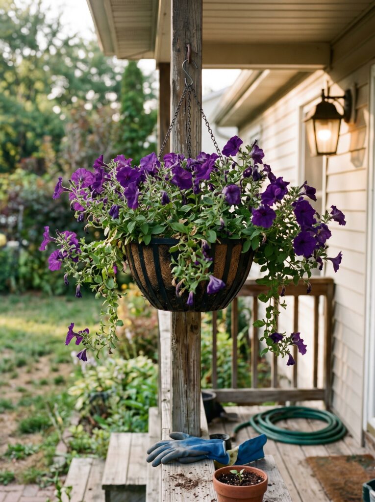 Trailing dark purple petunias in a hanging basket on a cool autumn evening.