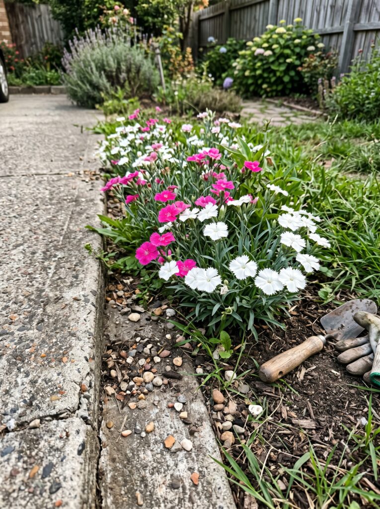 Pink Dianthus flowers growing in a garden bed next to a concrete driveway.