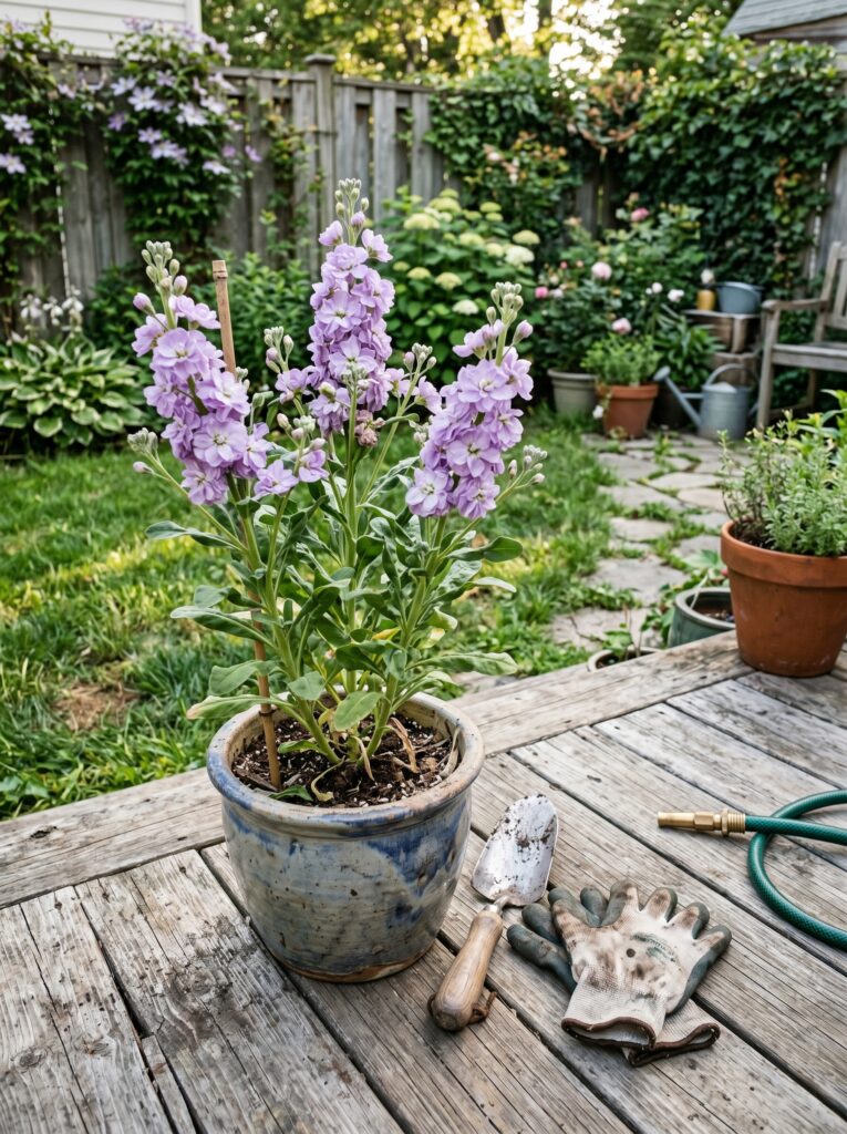 Lavender Stock flowers blooming in a ceramic pot on an outdoor wooden deck.