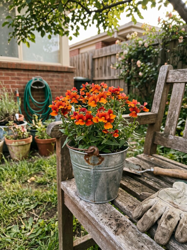 Bicolor Nemesia flowers growing in a rustic metal bucket planter.