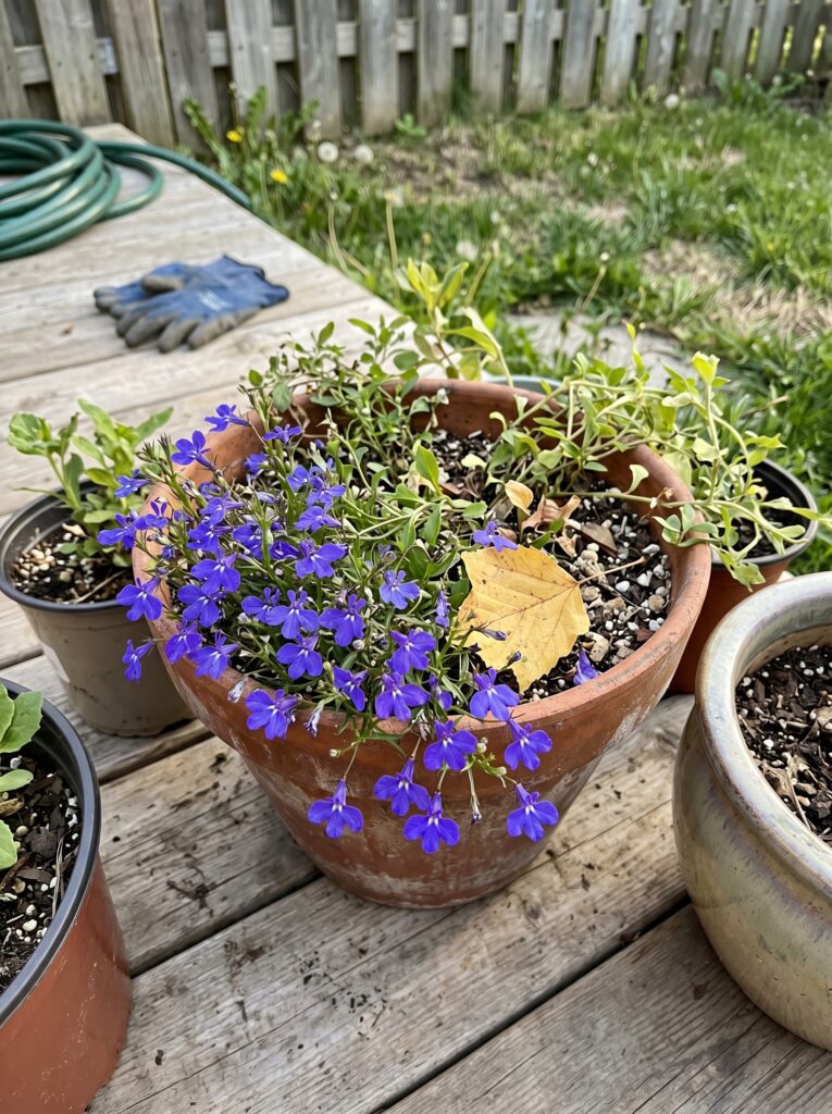 Vibrant blue lobelia flowers trailing in a mixed autumn container garden.