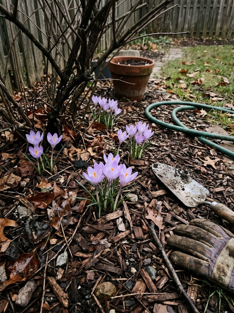 Purple Autumn Crocus flowers blooming through brown mulch in a late-season garden.