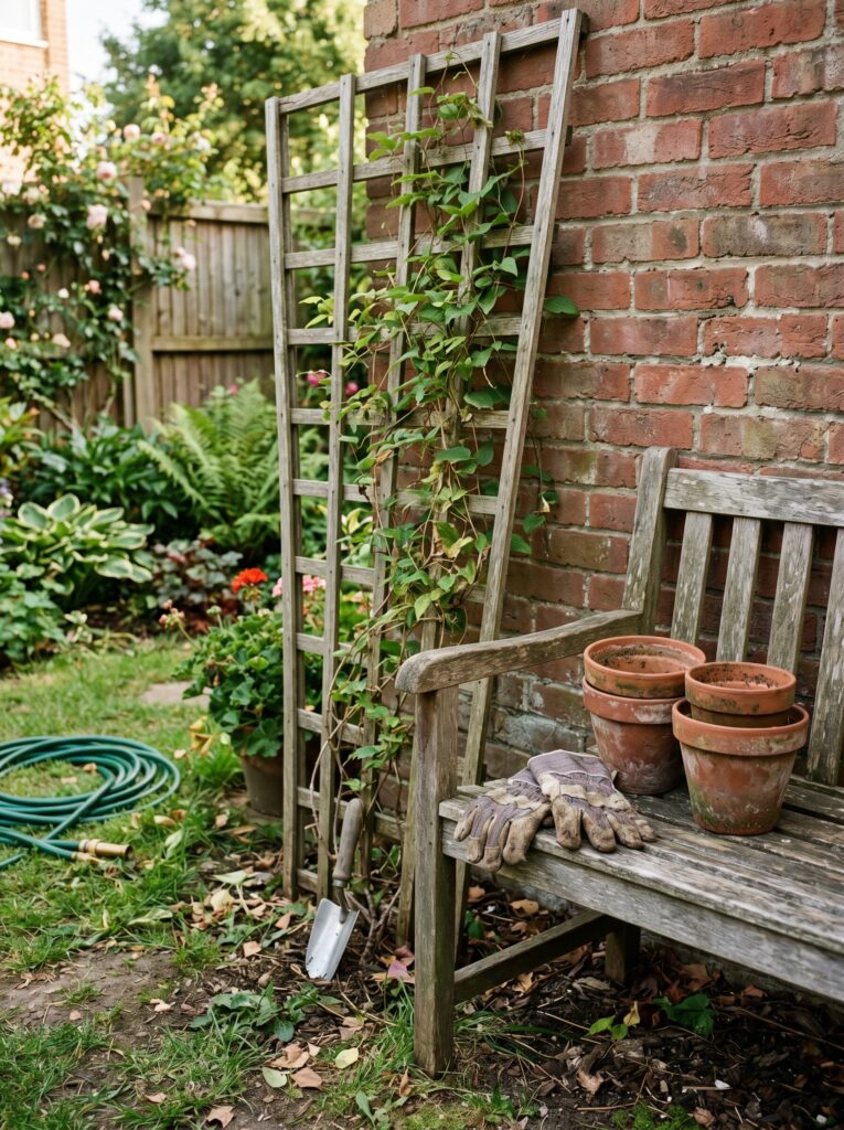 Worn gardening gloves and empty pots next to a wooden garden trellis in a backyard.