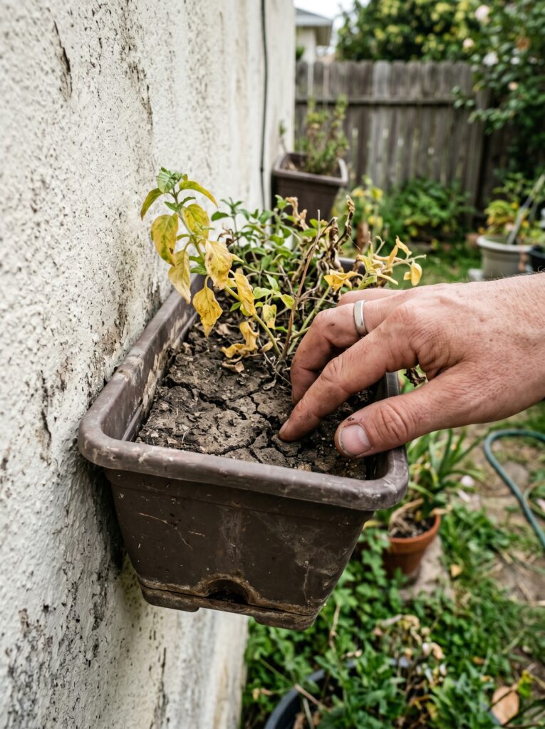 Close-up of dry compacted soil in a vertical wall planter with yellowing plant leaves.