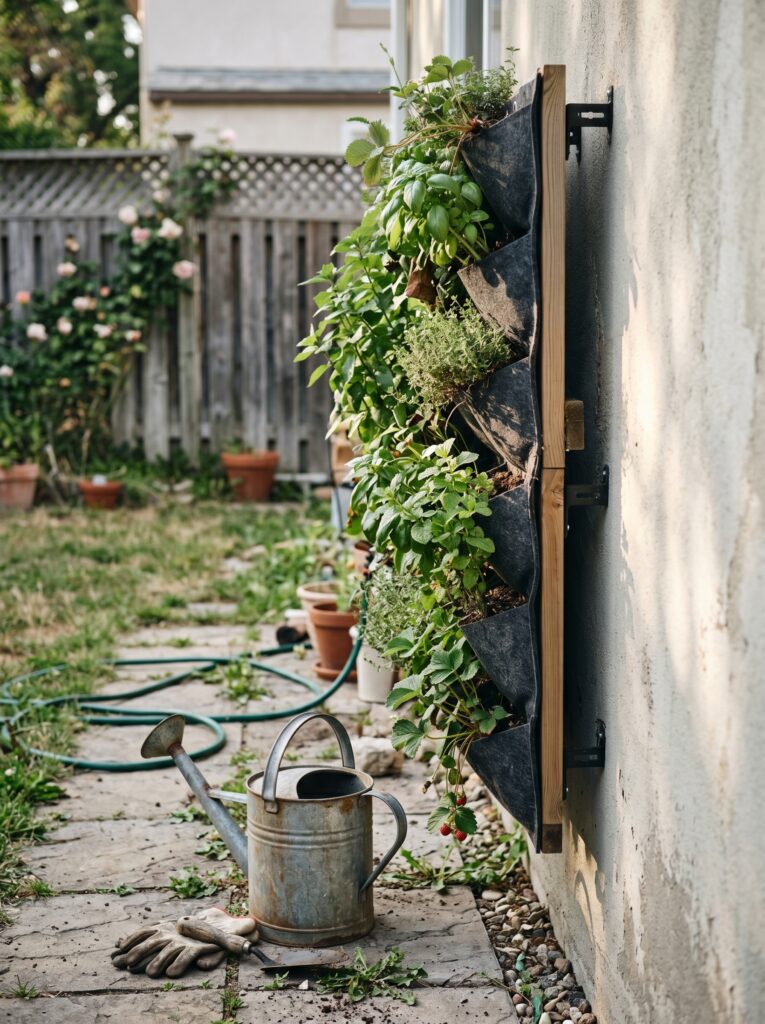 Side view of a vertical garden setup showing spacing for airflow near a garden wall.