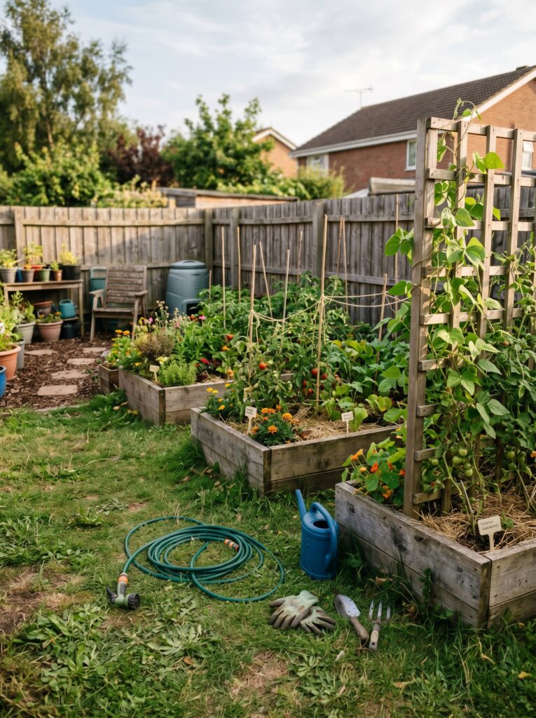 Authentic backyard garden with raised beds, a trellis, and scattered gardening tools.