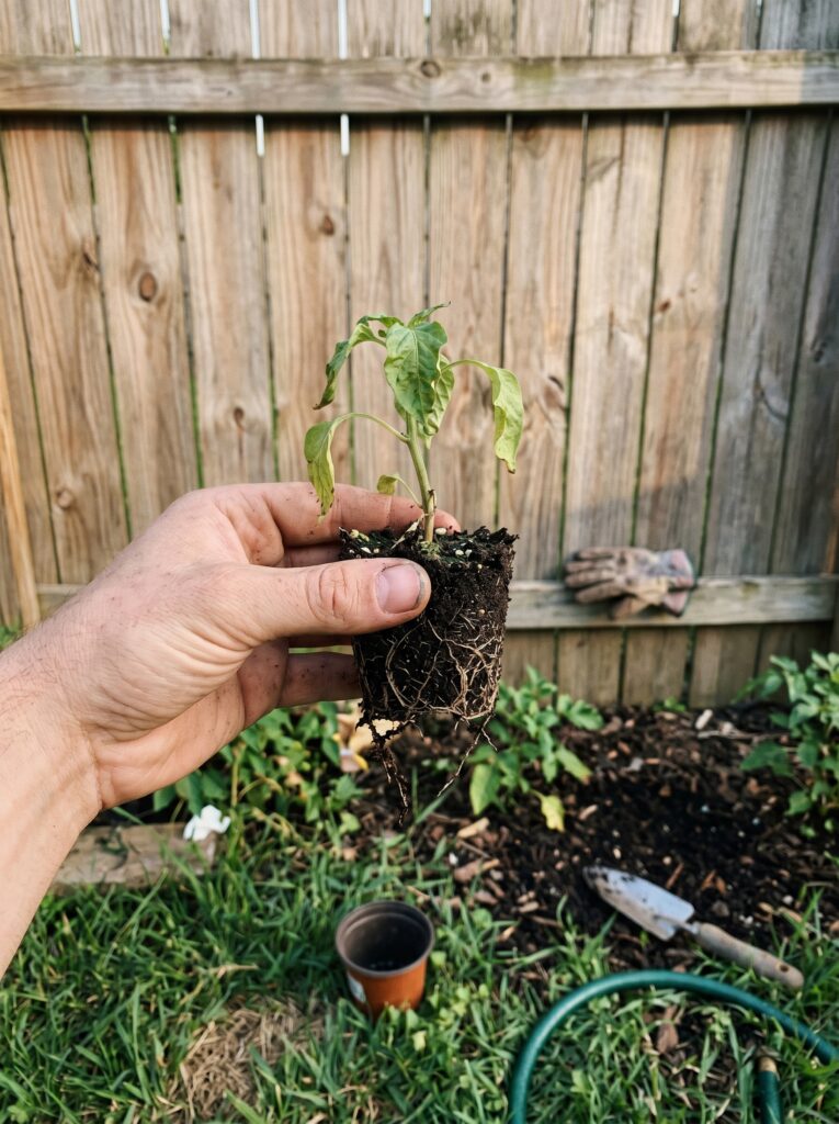 A gardener checking the roots of a small plant in a backyard setting.