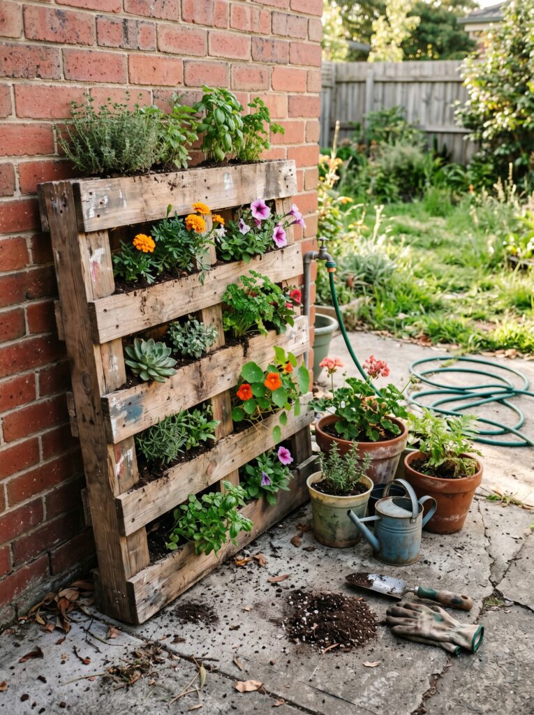 DIY vertical pallet planter on a suburban patio with various terracotta pots.