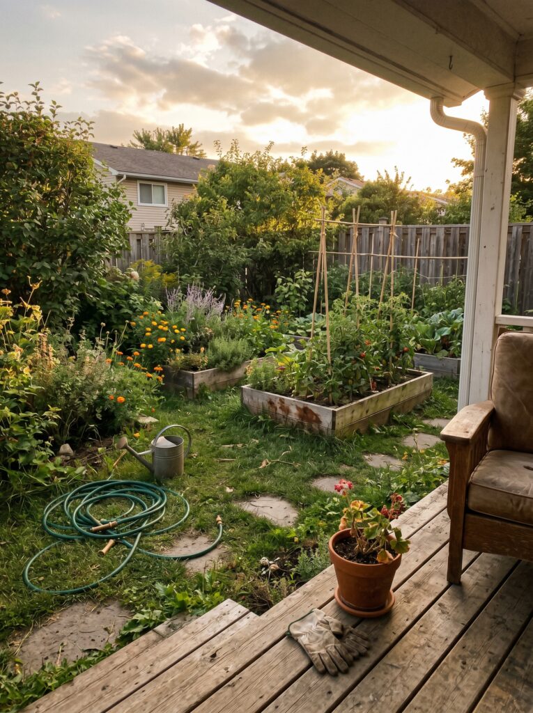 Golden hour view of a small suburban backyard garden with natural lighting.