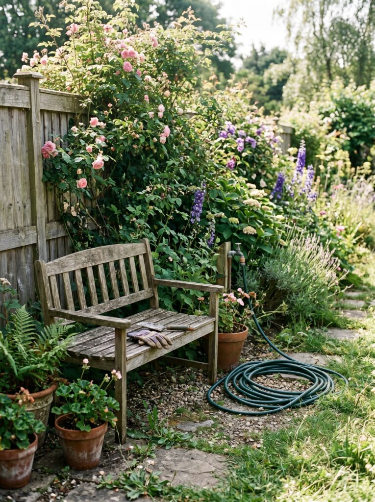 A realistic backyard corner with a wooden bench and a green garden hose left on the grass, surrounded by tall flowering shrubs dappled in morning light.