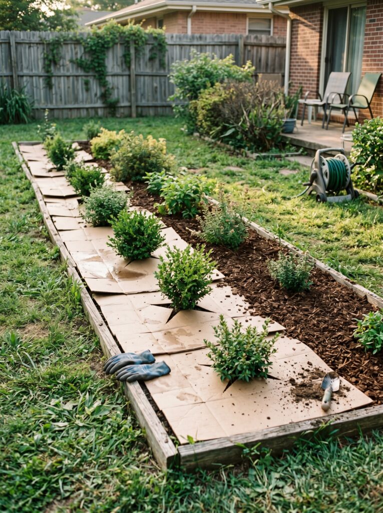 Three black plastic nursery pots containing Rose of Sharon shrubs sitting on a gravel driveway next to a half-empty bag of potting soil and a shovel.
