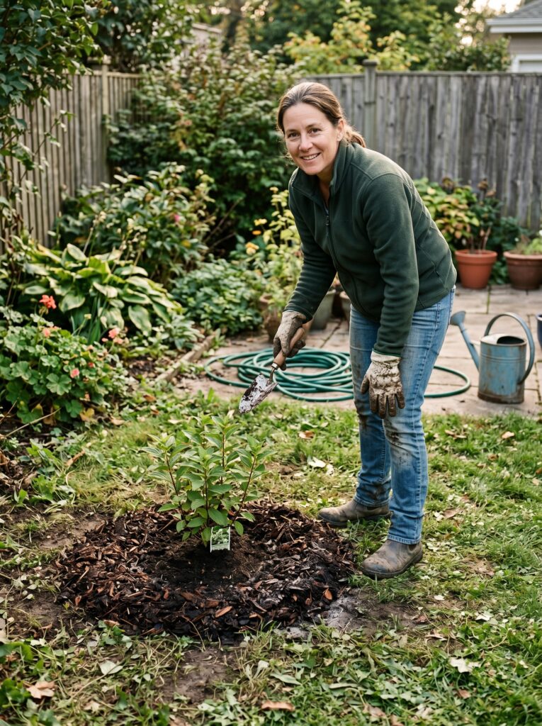A DIY garden privacy project showing brown cardboard sheets used for weed suppression with green shrubs planted through the center, ready for mulching.