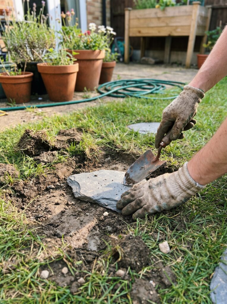 Hand-placing a stepping stone into a DIY garden path layout.