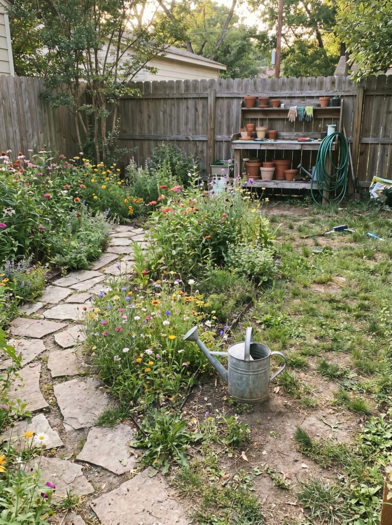 A natural DIY stone garden path with moss accents in a residential backyard garden.