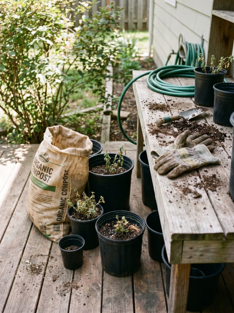 Worn out gardening gloves and plastic nursery pots on a wooden patio deck during spring planting.