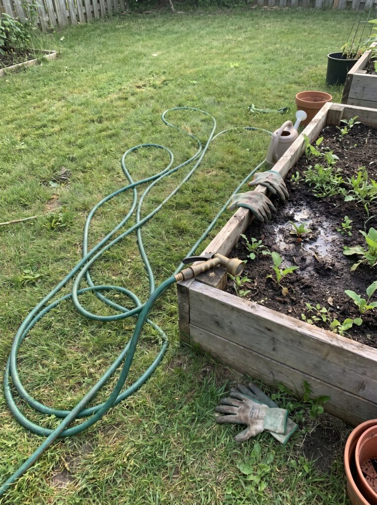 Garden hose left on a green lawn next to a freshly soaked raised garden bed.