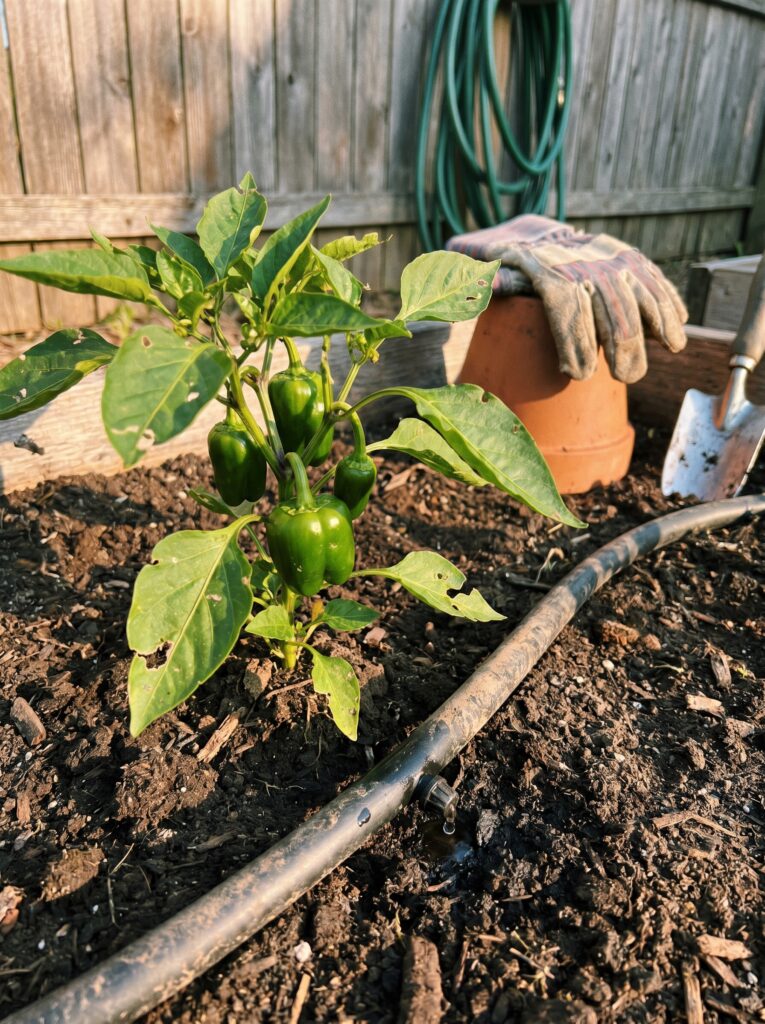 Young green pepper plant in a home garden bed with a simple drip line.