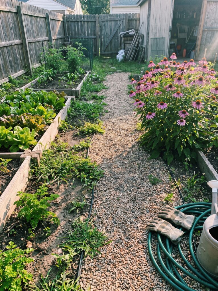 Clear gravel garden path keeping heavy bee-attracting flowers distant from the daily walking lane.