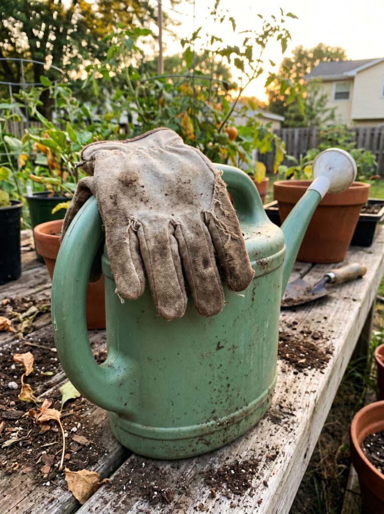 Worn gardening gloves and a watering can sitting in a real home garden bed during evening maintenance.