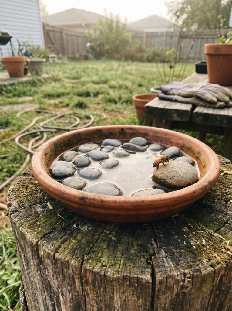 Homemade bee watering station using a terracotta saucer and river stones in a backyard garden setup.