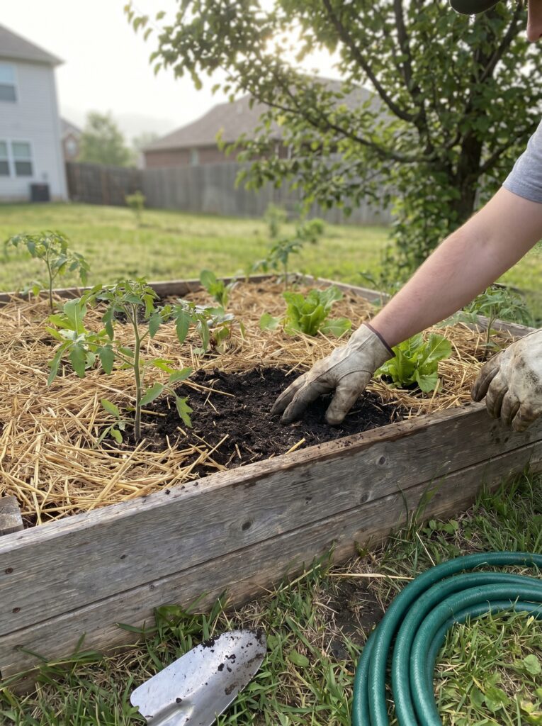 Hand testing soil moisture depth under a thick layer of straw mulch in a wooden raised bed.
