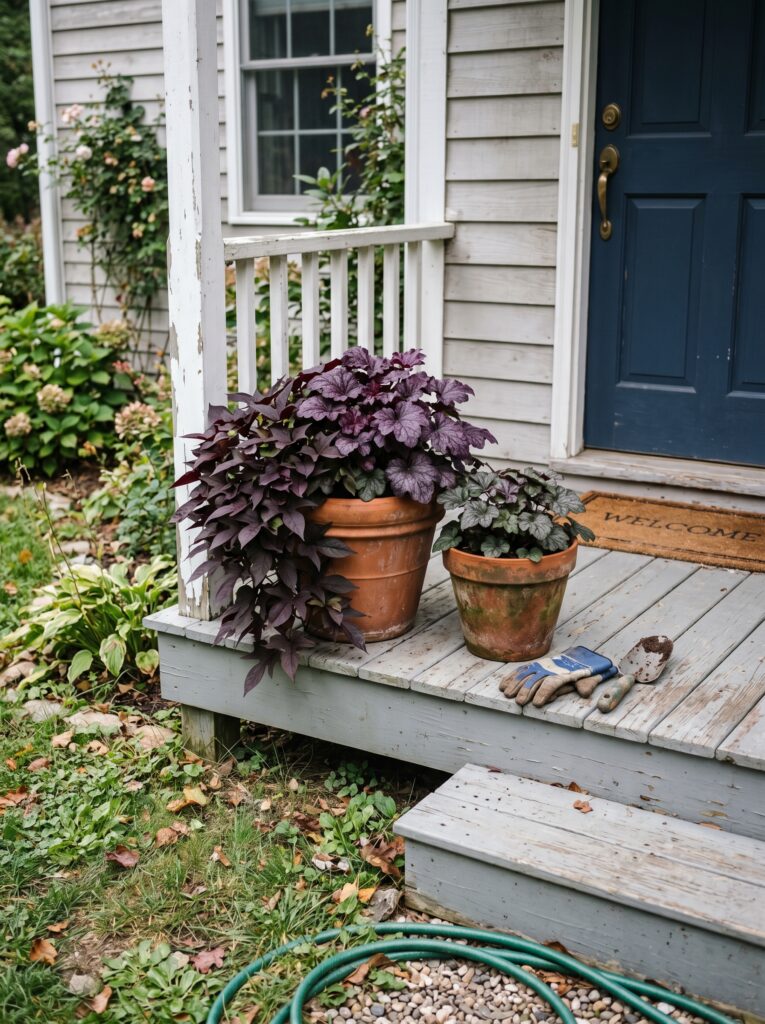 Dark purple heuchera plants and black sweet potato vines in weathered terracotta pots on an old wooden front porch.