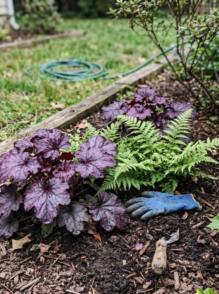 Textural garden contrast featuring glossy dark purple leaves next to delicate green ferns.