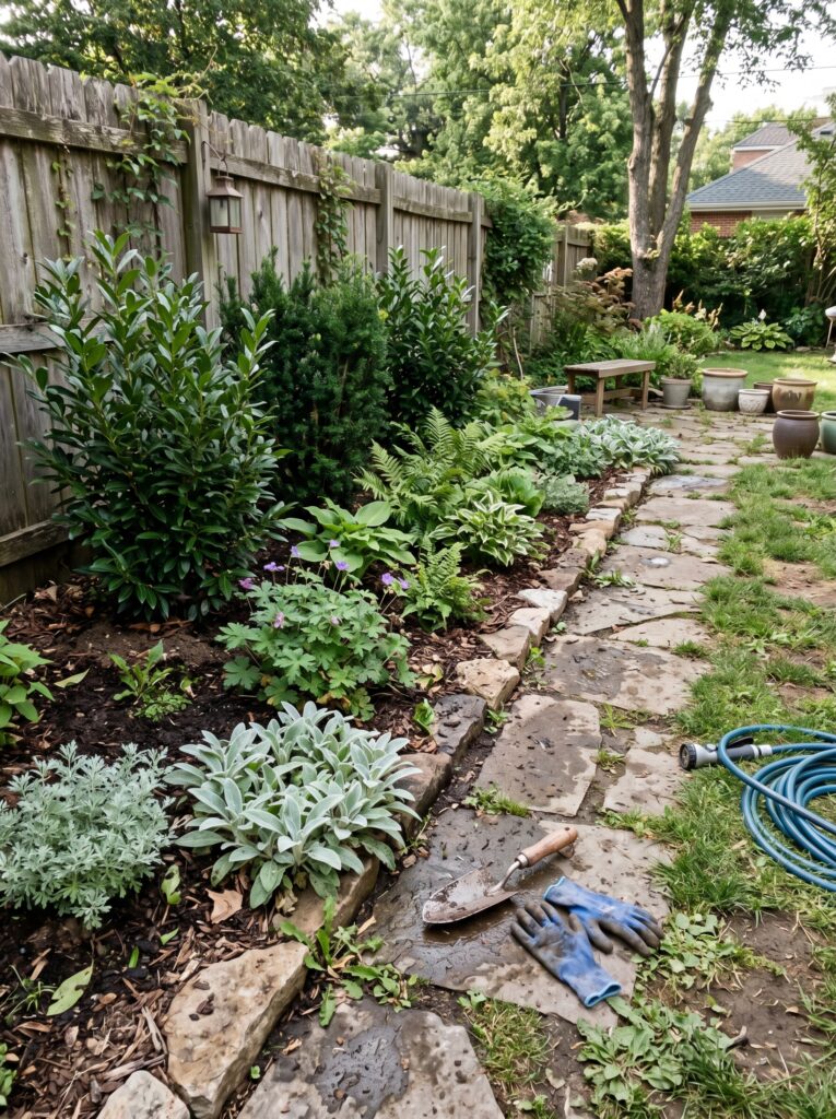Layered cottage garden bed with dark shrubs and silver ground cover plants along a stone walkway.