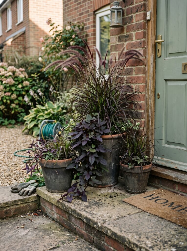 Container garden cluster with dark grasses and purple sweet potato vines on front steps.