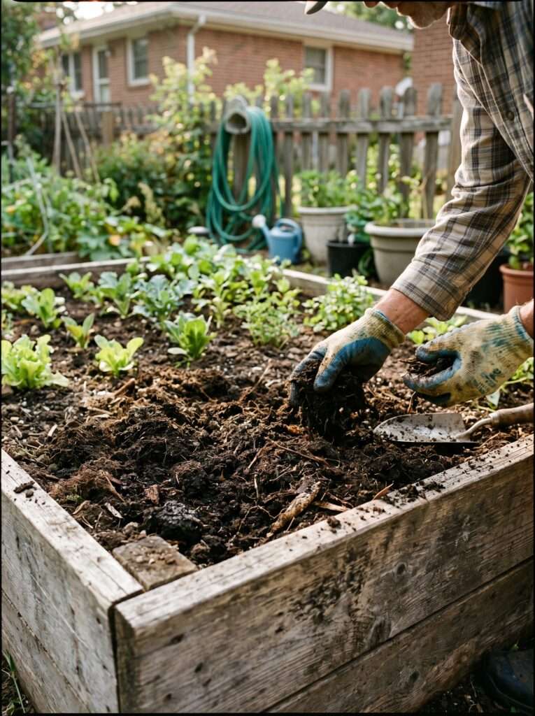 Mixing nutrient-rich compost into a garden bed.