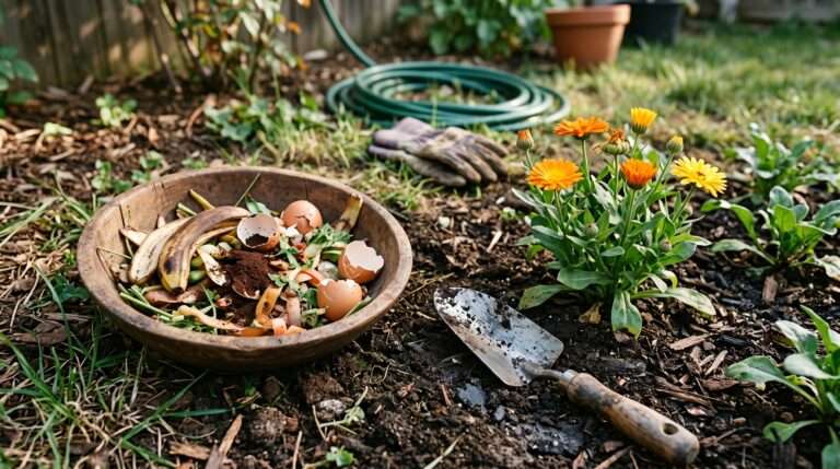 A flat-lay image showing compostable kitchen scraps next to gardening tools for a sustainable backyard.