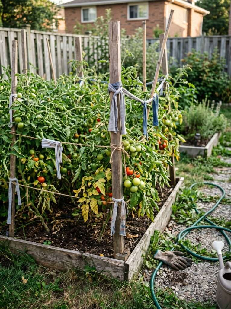 A real, unedited backyard heirloom tomato garden setup with rustic fabric ties.