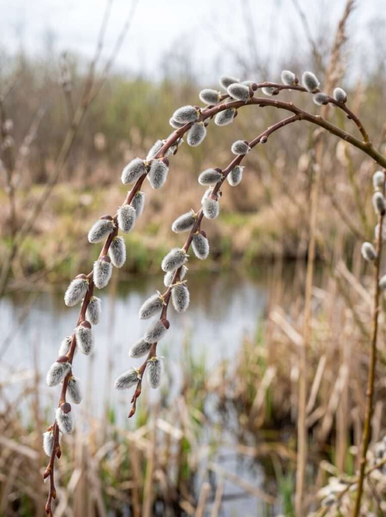 Close-up of fuzzy, grey Pussy Willow catkins on a native shrub branch in spring sunlight.