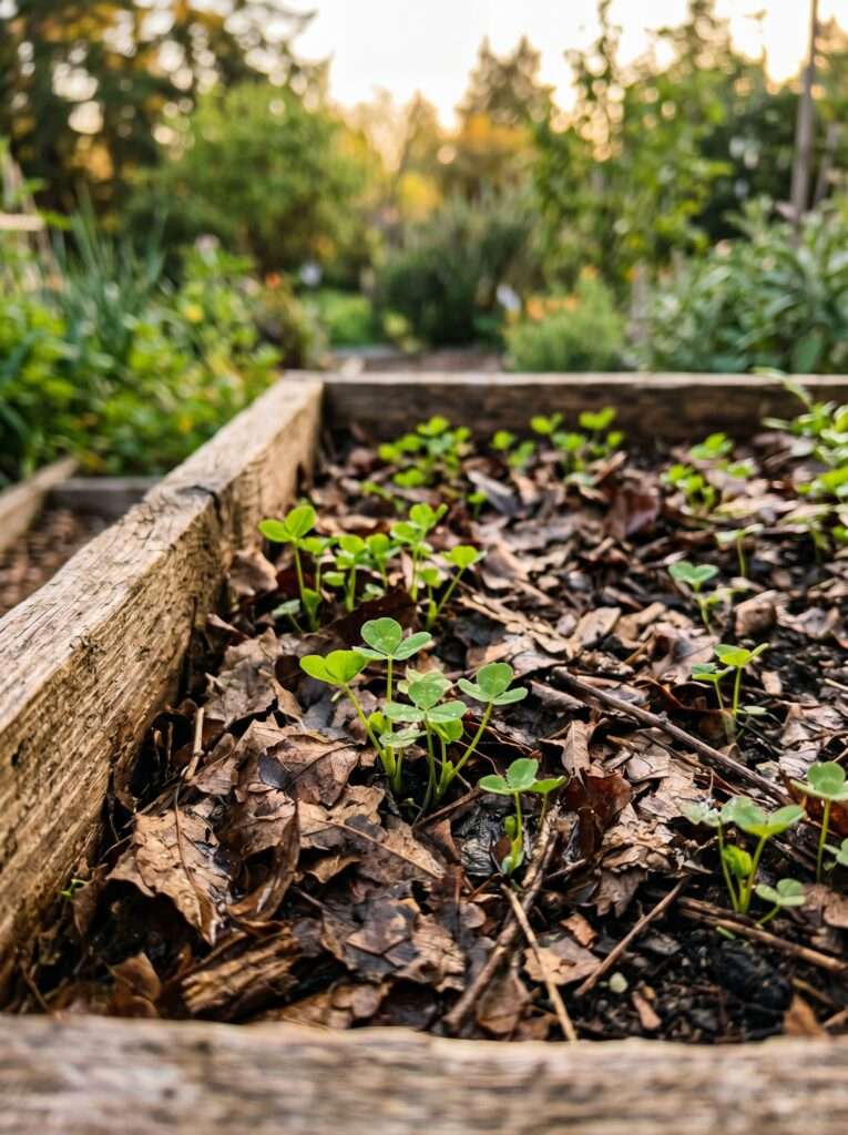 Green clover cover crop sprouting through leaf mulch in a wooden garden box.