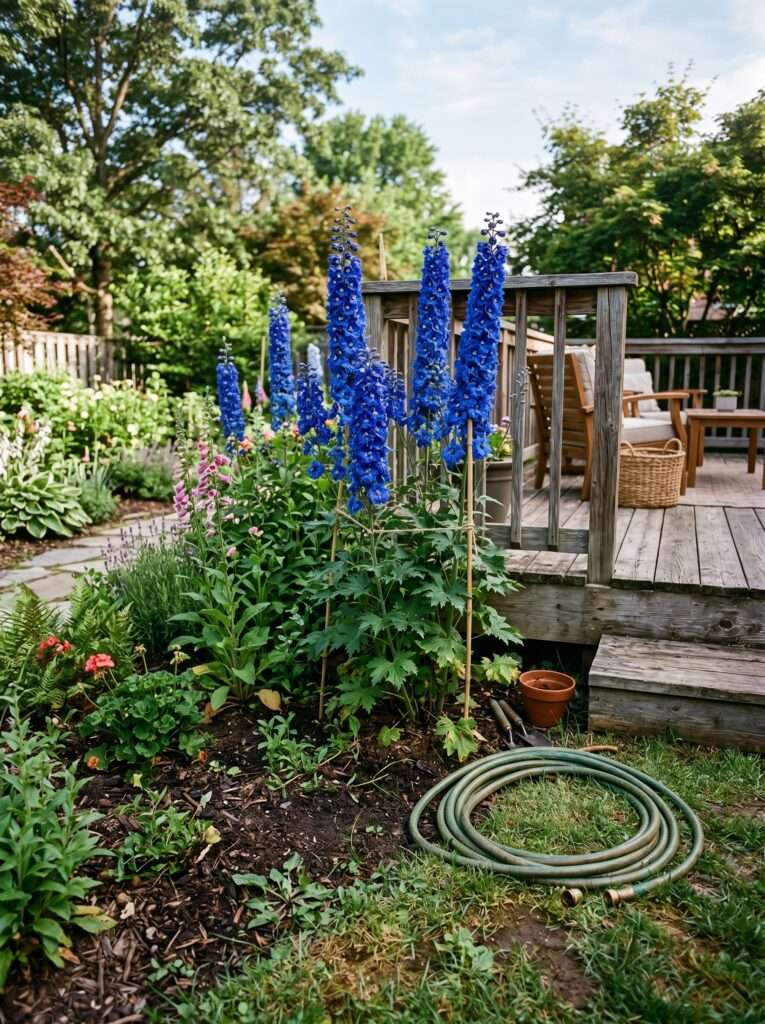 Tall blue delphinium flowers growing next to a wooden backyard patio deck