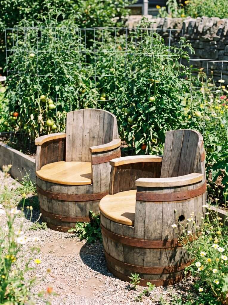 Two unique DIY garden chairs crafted from salvaged oak whiskey barrels near vegetable beds.